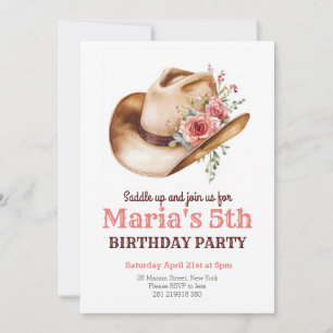 Cowgirl Pink Floral Hat Rodeo Western Birthday  Invitation