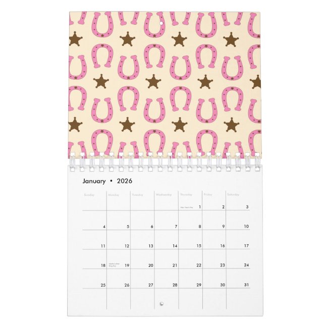 Cowgirl Pink Horseshoe Sheriff Star Country Texas Calendar (Jan 2026)