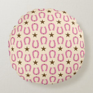 Cowgirl Pink Horseshoe Sheriff Star Country Texas Round Cushion