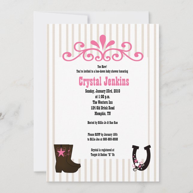 Cowgirl Pink Trendy Cowboy Boot Country Invitation (Front)
