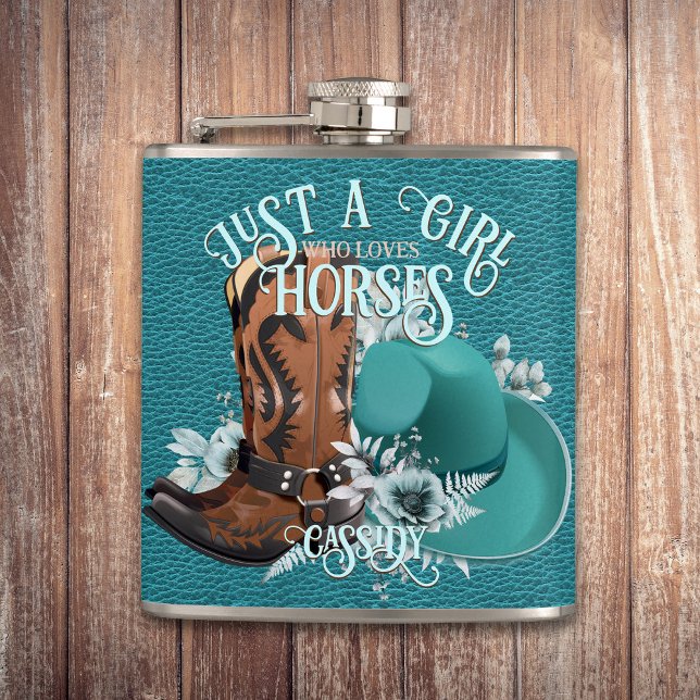 Cowgirl quote turquoise leather cowboy boots hat hip flask (Cowgirl quote turquoise leather cowboy boots hat flask)