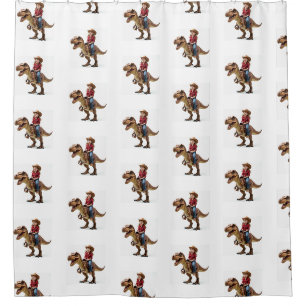 Cowgirl riding a T-Rex and loving it. Shower Curtain