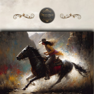 Cowgirl Riding Black Horse Canyon Decoupage  Tissue Paper