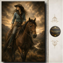 Cowgirl Riding Brown Horse Western Landscape Art