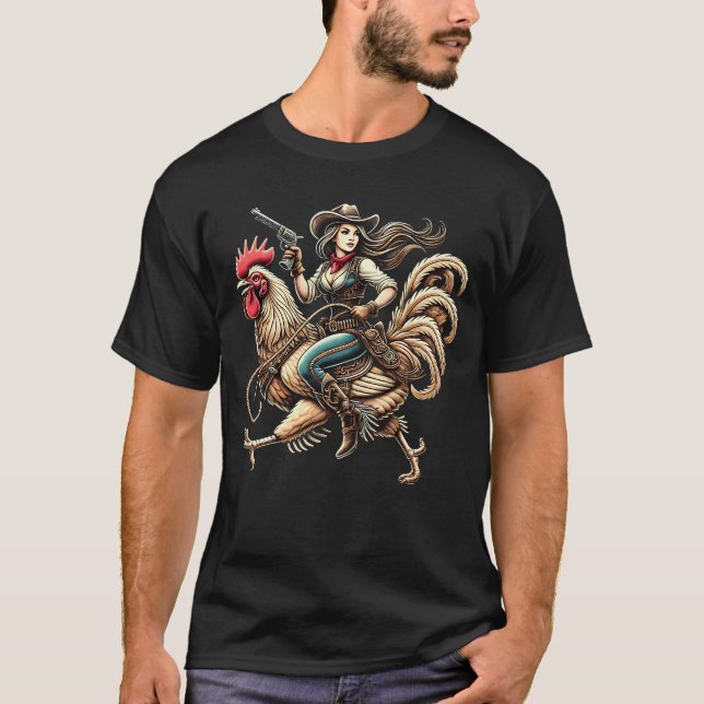 Cowgirl Riding Chicken Rooster Lover Vintage T-Shirt (Front)
