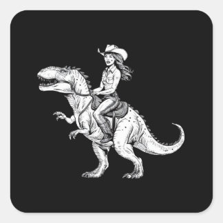Cowgirl Riding Dinosaur Square Sticker