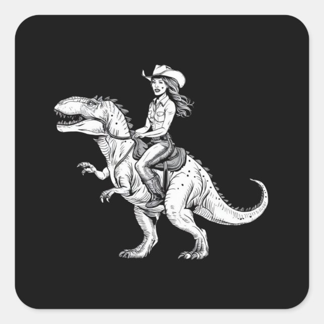 Cowgirl Riding Dinosaur Square Sticker (Front)