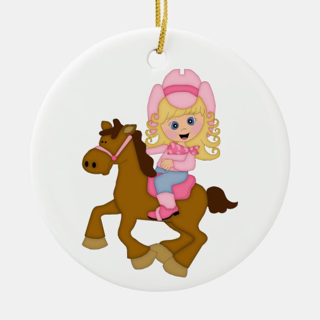 Cowgirl Riding Horse (pink) Ceramic Tree Decoration (Front)