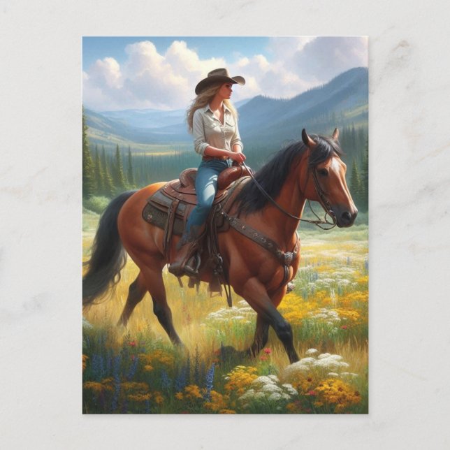 Cowgirl Riding Horse through Wildflowers Postcard (Front)