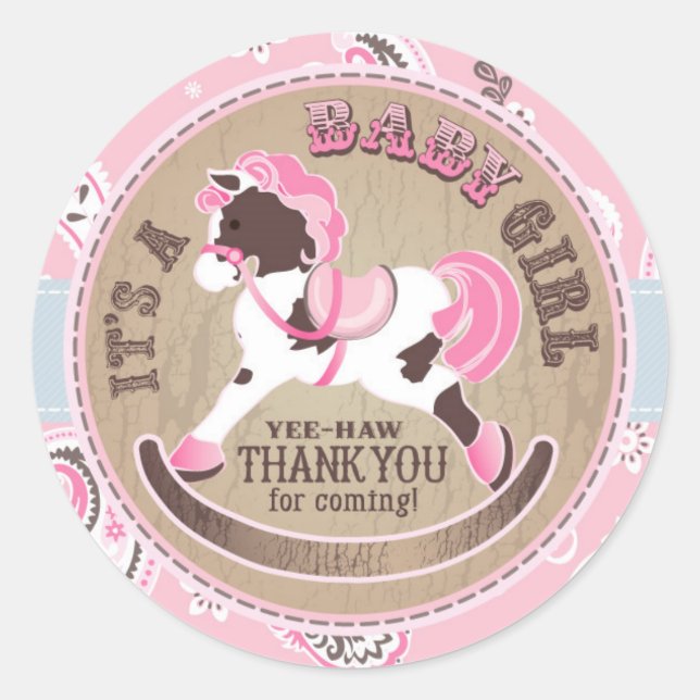 Cowgirl Rocking Horse Western Baby Shower Classic Round Sticker (Front)