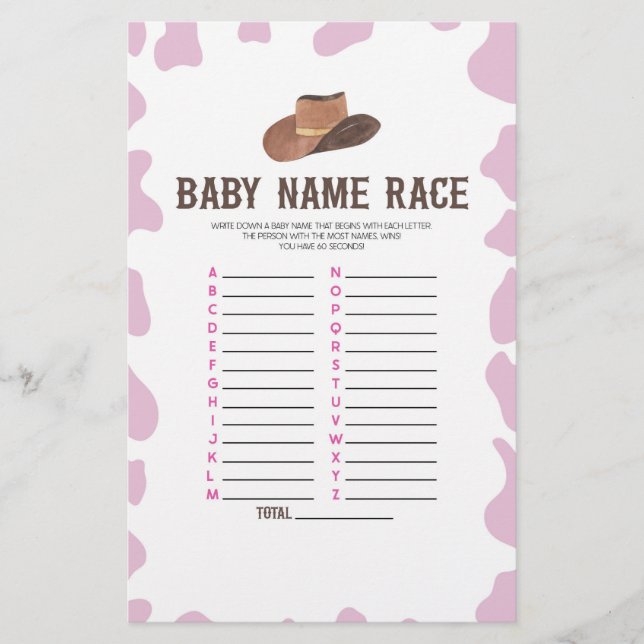 Cowgirl Rodeo Name Race Baby Shower Game Activity Stationery (Front)
