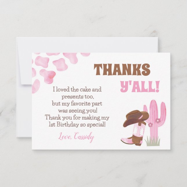 Cowgirl Rodeo Western 1st Birthday Thank You Cards (Front)