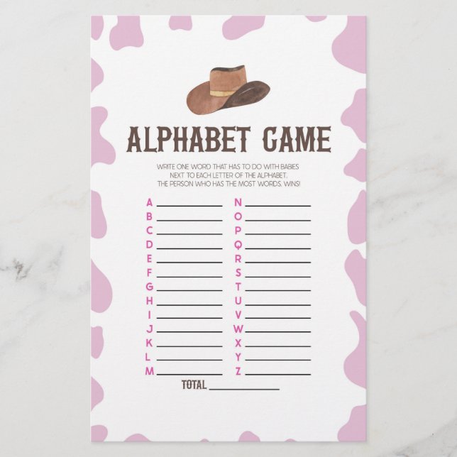 Cowgirl Rodeo Western Alphabet Baby Shower Game Stationery (Front)