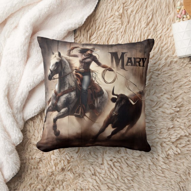 Cowgirl Roping Bull at Rodeo Event Cushion (Blanket)