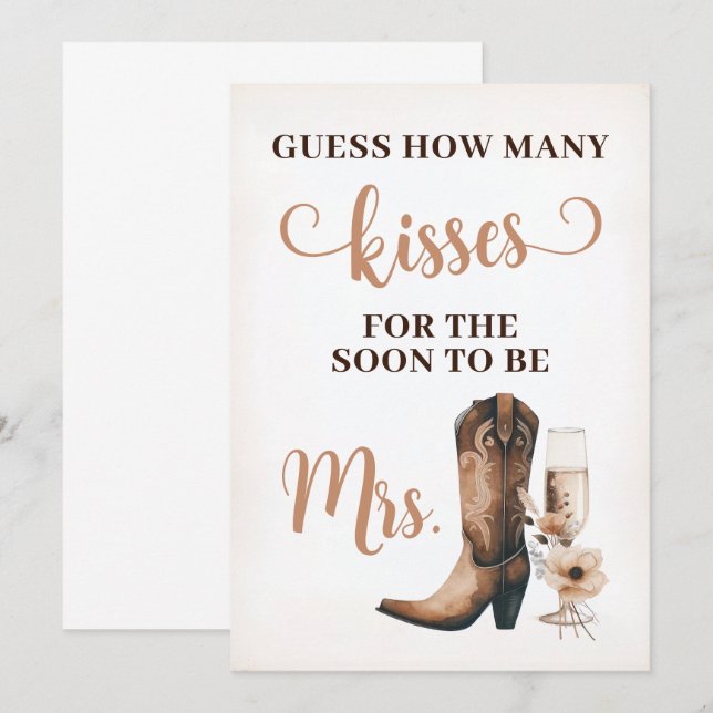 Cowgirl Rustic Bridal Shower Kisses Sign Game Card (Front/Back)