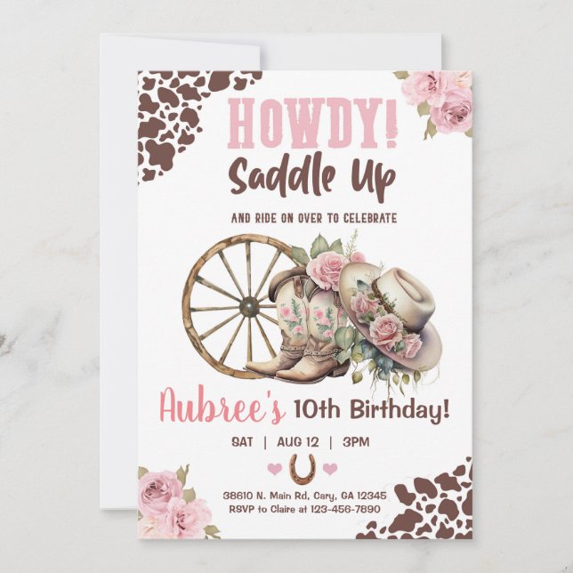 Cowgirl, saddle up, howdy, girl birthday invite. invitation (Front)