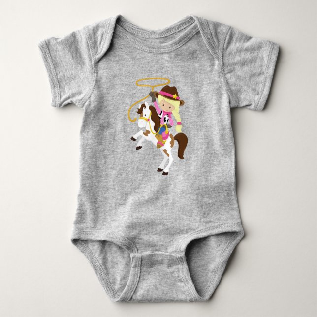 Cowgirl, Sheriff, Horse, Lasso, Blonde Hair Baby Bodysuit (Front)
