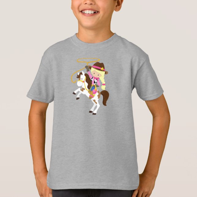 Cowgirl, Sheriff, Horse, Lasso, Blonde Hair T-Shirt (Front)