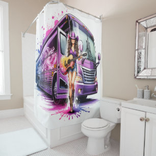 Cowgirl Singer with Guitar and Tour Bus Shower Curtain