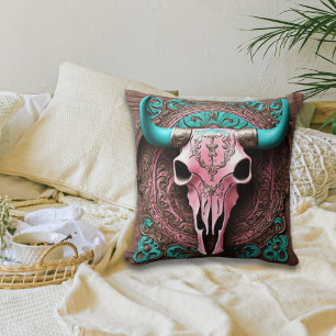 Cowgirl Southwestern Turquoise Pink Bull Skull Cushion