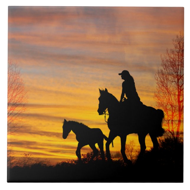 Cowgirl Sunset Horseback Ride Ceramic Tile (Front)
