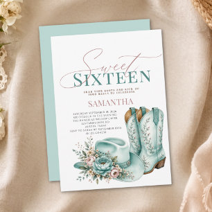 Cowgirl Teal Peony Sweet Sixteen Birthday Invitation