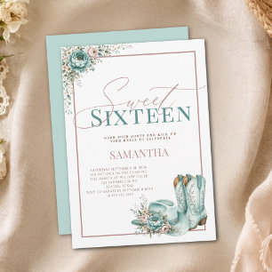 Cowgirl Teal Peony Sweet Sixteen Birthday Invitation