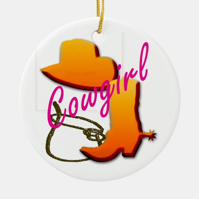 Cowgirl text with boot, hat, and rope design ceramic tree decoration (Front)