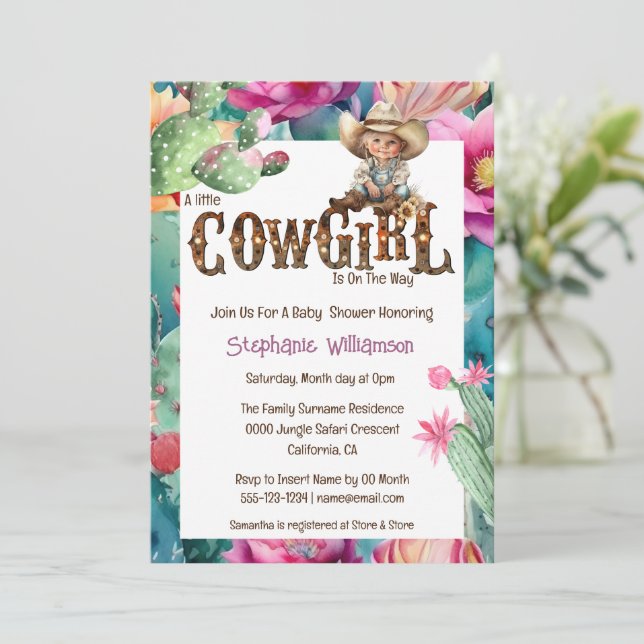 Cowgirl theme baby shower cactus girl invitation (Standing Front)