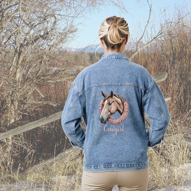Cowgirl Theme Horse in Pink Horseshoe Denim Jacket (Creator Uploaded)