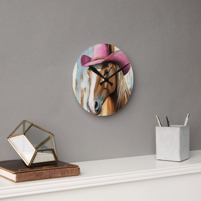Cowgirl Time: Hot Pink Hat Horse Rustic Charm Round Clock (Loose Style Painted Horse Wearing Hot Pink Cowgirl Hat on a Round Clock Western Decor)