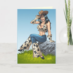 Cowgirl Tipping Her Cowboy Hat Illustration Card