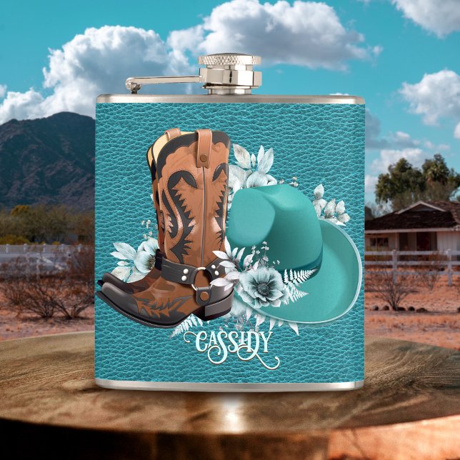 Cowgirl turquoise leather cowboy boots hat hip flask (Cowgirl turquoise leather cowboy boots hat flask)
