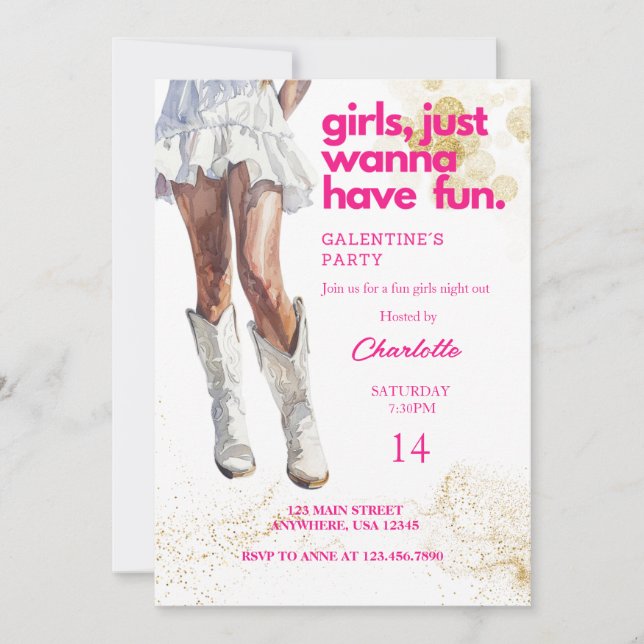 Cowgirl Watercolor Girls Galentines Party Invitation (Front)
