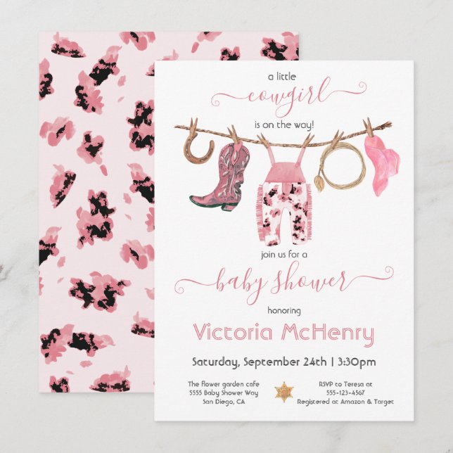 Cowgirl Western Baby Girl Clothesline Baby Shower  Invitation (Front/Back)