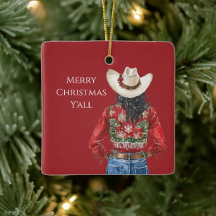 Cowgirl Western Black Hair Christmas Ceramic Ornament
