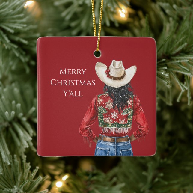 Cowgirl Western Black Hair Christmas   Ceramic Ornament (Tree)