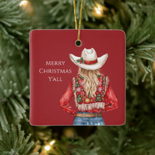 Cowgirl Western Blond Hair Christmas Ceramic Ornament