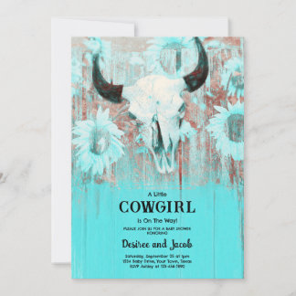 Cowgirl Western Country Floral Teal Baby Shower Invitation