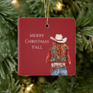 Cowgirl Western Red Hair Christmas Ceramic Ornament