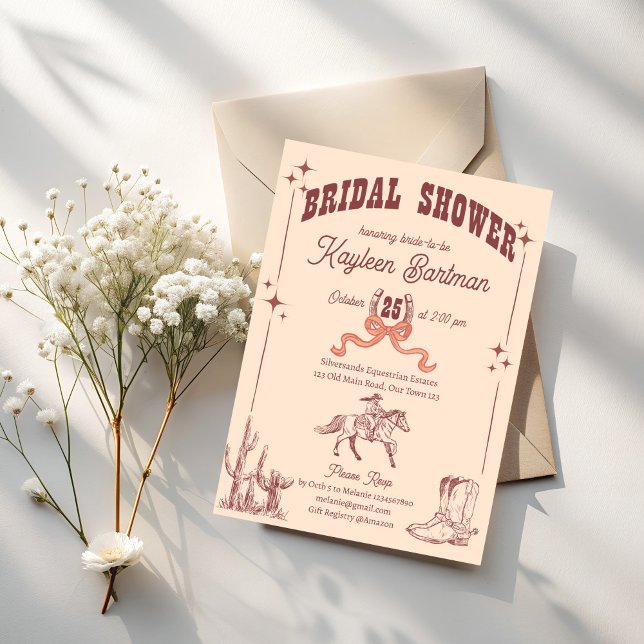 Cowgirl western retro bridal shower  invitation (Cowgirl western retro bridal shower invitation template brown boots horse shoe bow horse vintage)