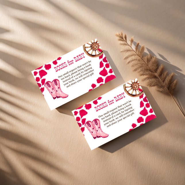 Cowgirl western rodeo baby shower book request enclosure card (Cowgirl western rodeo baby shower book request enclosure card pink cow pattern books for baby cards)