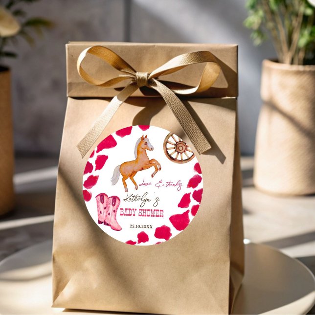 Cowgirl western rodeo cute baby shower pink classic round sticker (Cowgirl western rodeo favor sticker cute horse baby shower favors pink cow pattern thank you sticker)