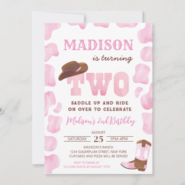 Cowgirl Western Second 2nd Birthday Invitations (Front)