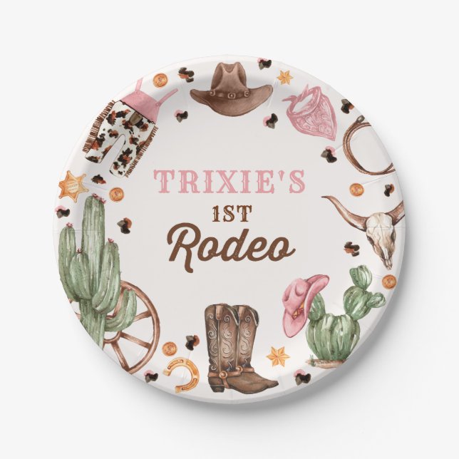 Cowgirl Wild West 1st Rodeo Ranch Birthday Party Paper Plate (Front)