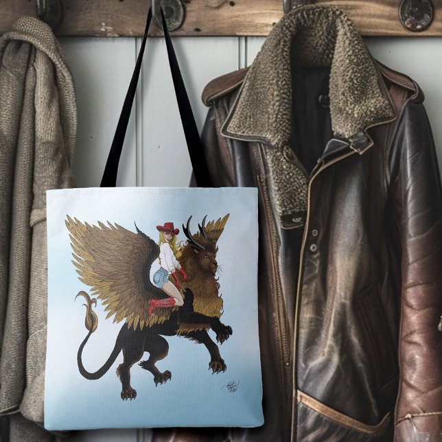 Cowgirl Winged Lion Fantasy Red Tote Bag (Creator Uploaded)