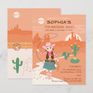 Cowgirl with a lasso and cacti Kids Birthday Party Invitation Postcard