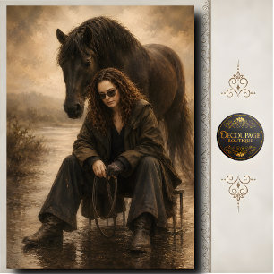 Cowgirl with Black Horse Western Portrait Decoupag Tissue Paper