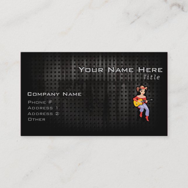 Cowgirl with Guitar; Black Business Card (Front)