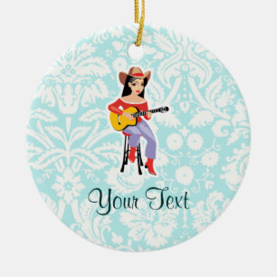 Cowgirl with Guitar; Cute Ceramic Tree Decoration